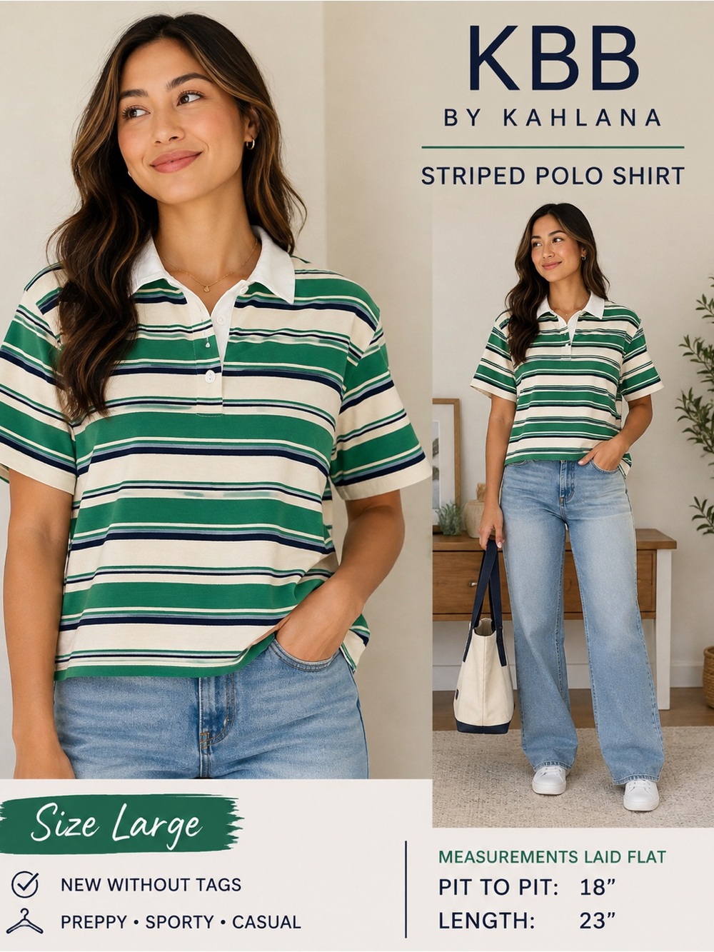 KBB by Kahlana Green Striped Polo Shirt Size L